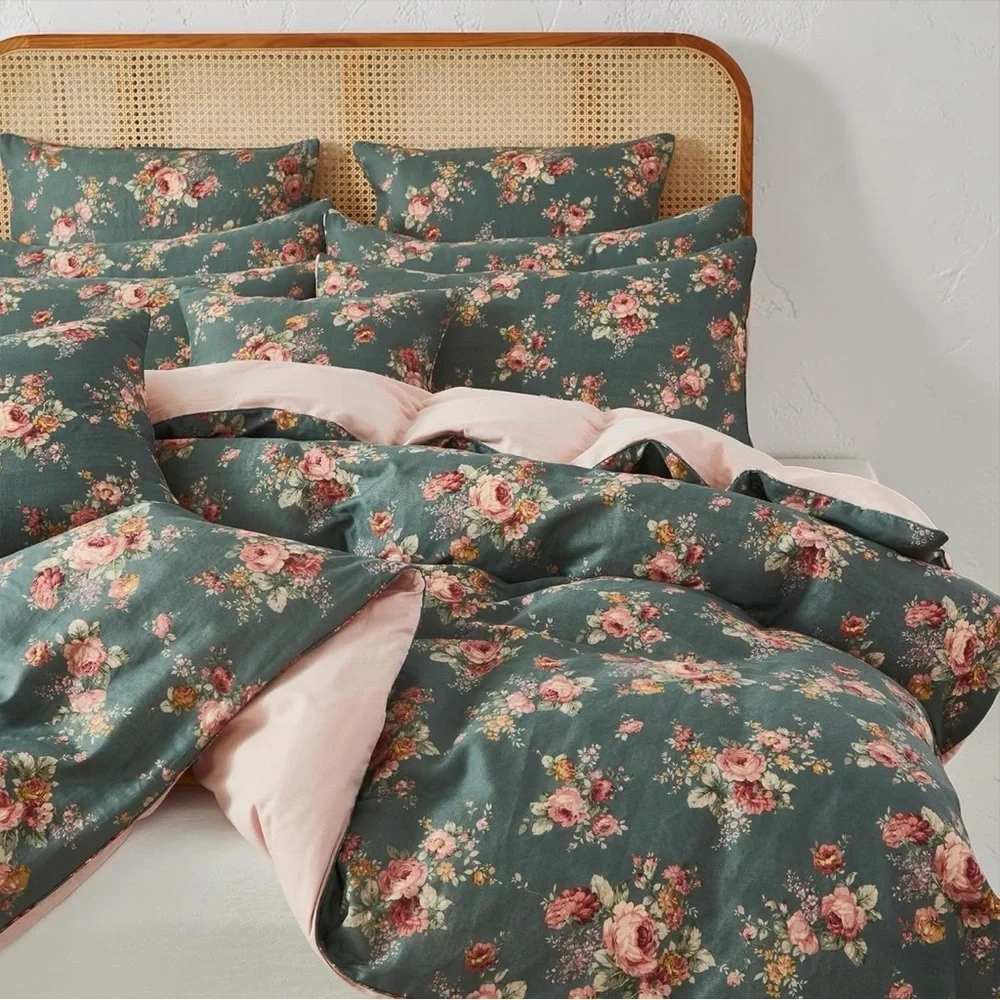 NEW Anthro Green & Pink Floral Muslin Cotton Boho Queen / King Bedding Duvet Set